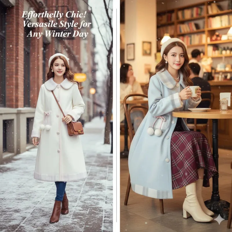 

Printed Bow Tie Woolen Coat Jacket Y2K Checkered Scarf Woolen Cream Medium Long Coat Ins Cute Girl Women Retro Coat Jacket New