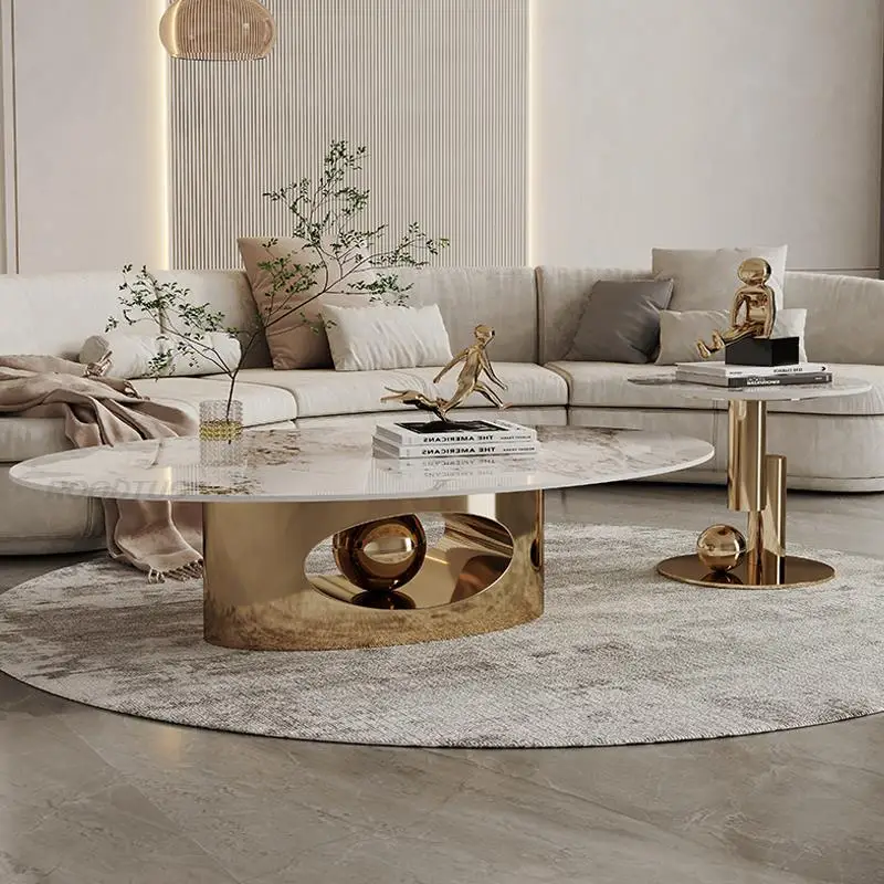 Light Luxury Oval Coffee Table Combination Stone Countertop Home Furniture Gold Stainless Steel Frame Coffee Tables Combination