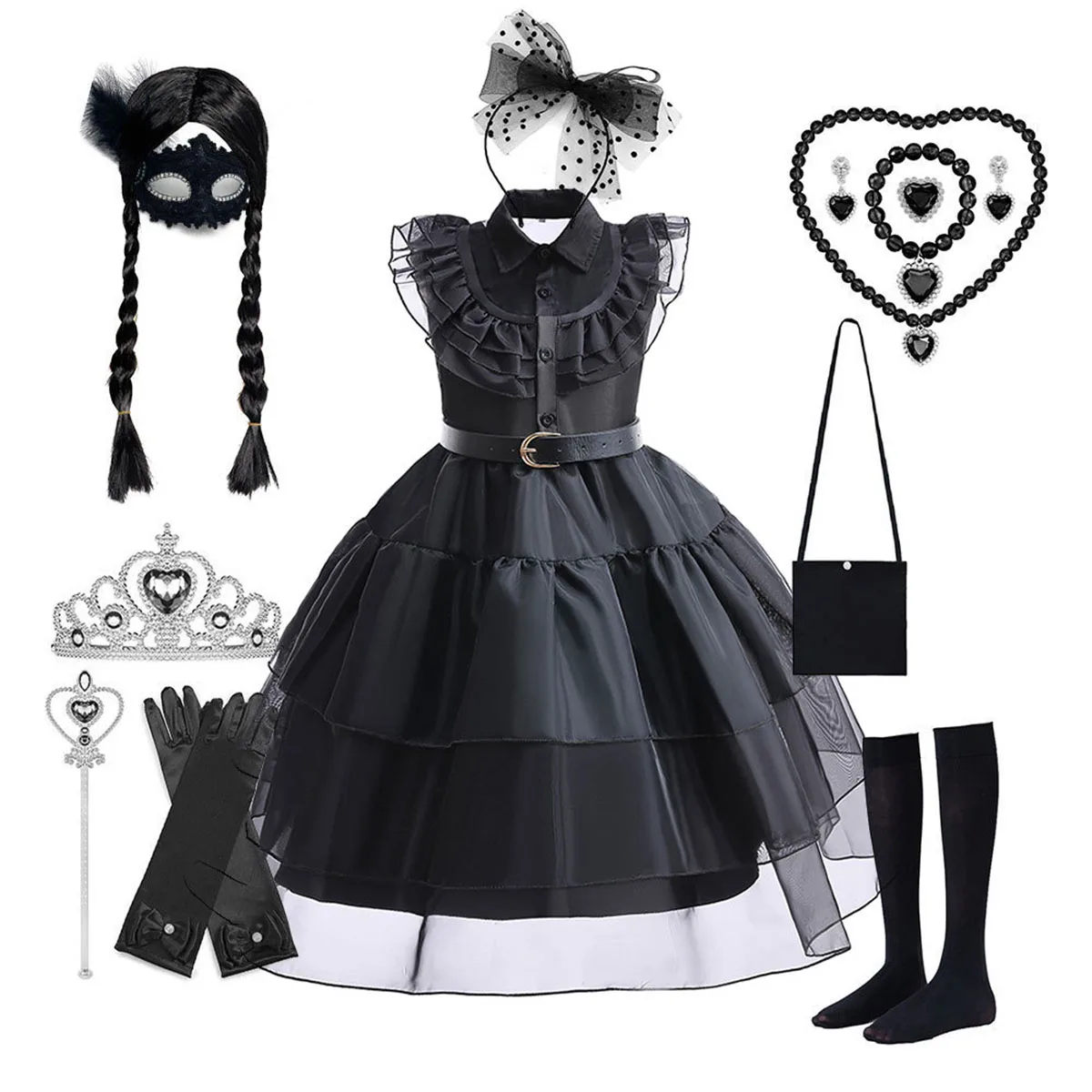 

HXCMall Little Girls Movie The Addams Family Wednesday Cosplay Halloween Dress