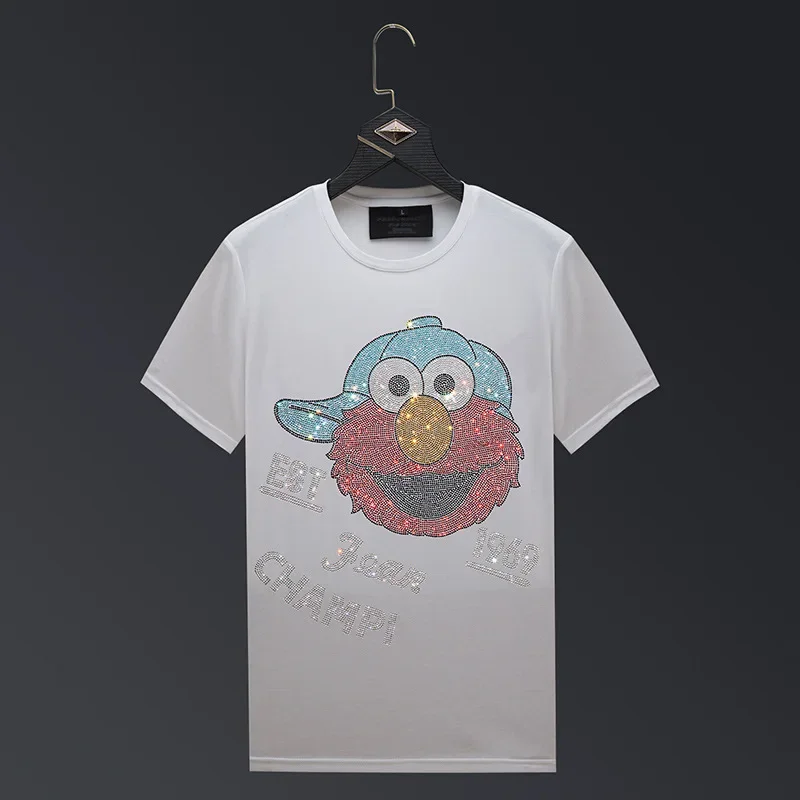 Rhinestones Cartoon Letter T Shirts Men Summer Clothes Fashion Streetwear O Neck Short Sleeve Thin Cool Cotton T-shirts Camisas