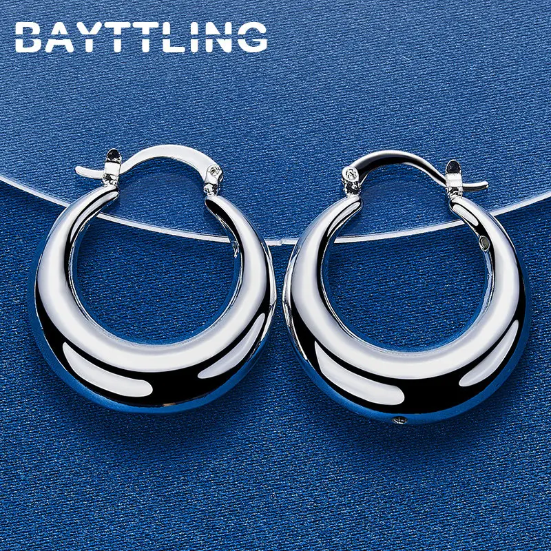 925 Sterling Silver 30MM Glossy Moon Hoop Earrings For Women Wedding Gifts Party Fashion Hoops Jewelry Accessories