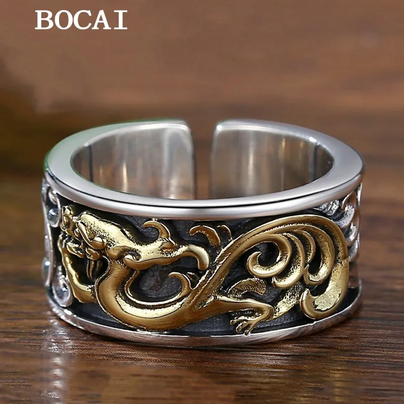 BOCAI NEW S925 Silver Retro Wide Relief Water Wave Pattern Golden Dragon Open Ring for Men's Gift