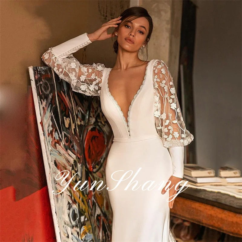 Yunshang Elegant Mermaid Wedding Dress Women Long Sleeve V-Neck Open Back Lace Applique Bridal Gown Sweep Train Vestido De Novia