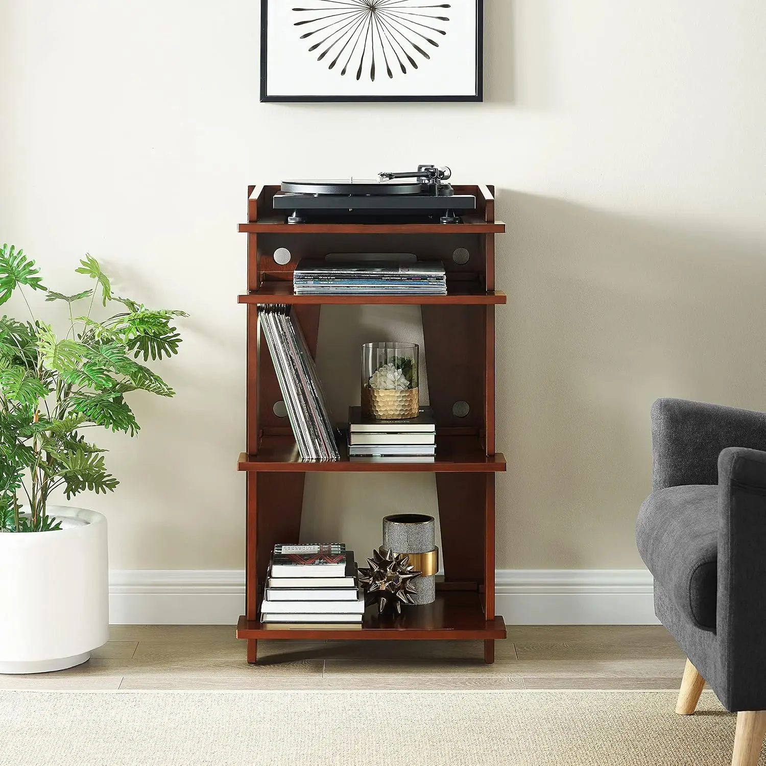 Soho Record Player Stand, Media Console with Vinyl Storage, Modern Home Organizer, Mahogany