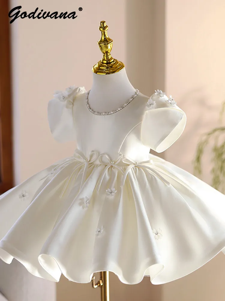 Baby Girls High End Birthday Party Princess Dress Kids White High Waist Heavy 3d Flower Bow Pearl Puff Sleeve Wedding Host Gown