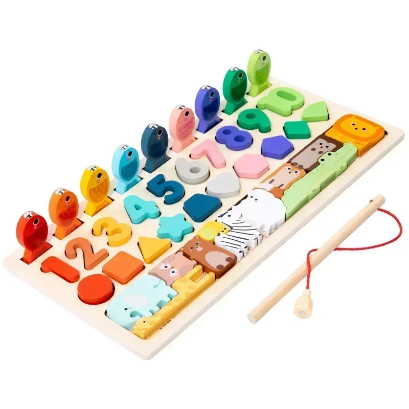 Kids Montessori Math Toys for Toddlers Educational Wooden Puzzle Fishing Toy Count Number Shape Matching Sorter Games Board Toys