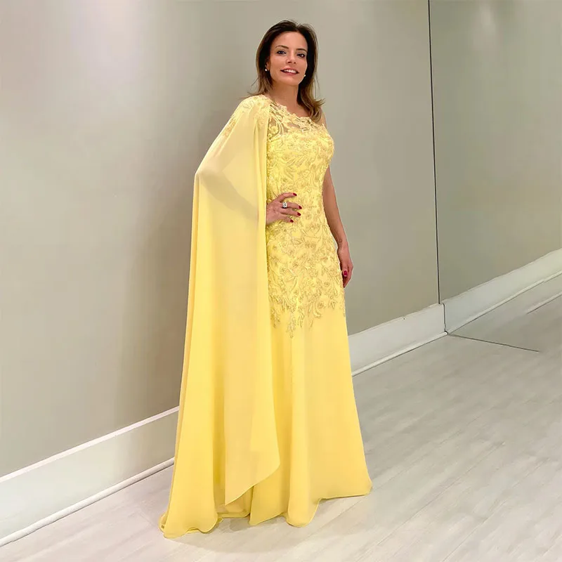 Classy Yellow Mermaid Mother Of The Bride Dresses Lace Appliqued Wedding Guest Dress One Shoulder Floor Length Evening Gowns