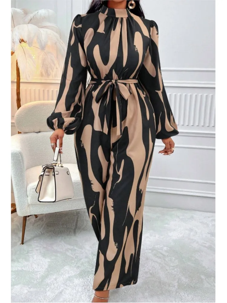 Autumn Women's New Fashionable Full Body Printed Bat Sleeves Wide Leg Ties Waist Cinched Round Neck Long Sleeved Jumpsuit Pants