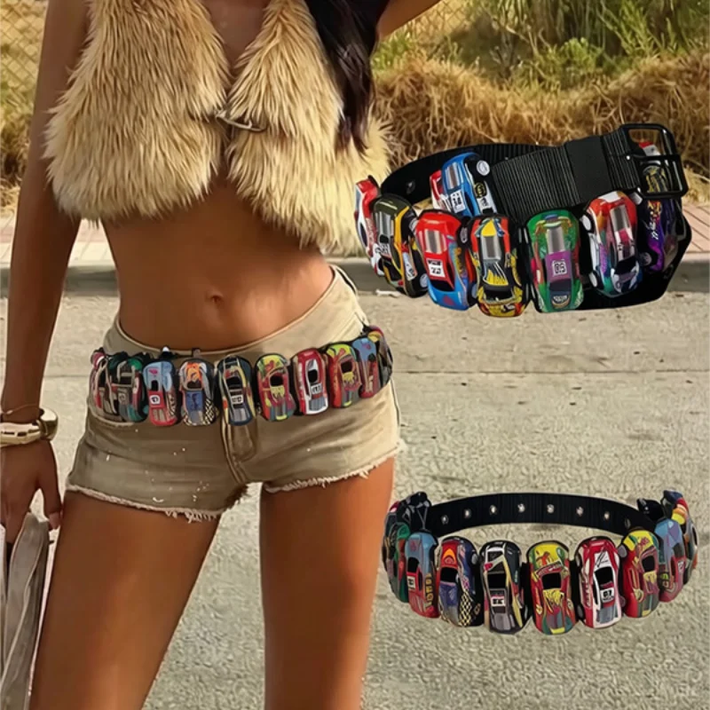Y2K Harajuku Toy Car Belt for Women Men Punk Hip Hop Streetwear Colorful Racing Car Canvas Waistband Goth Nylon Wide Jeans Belt