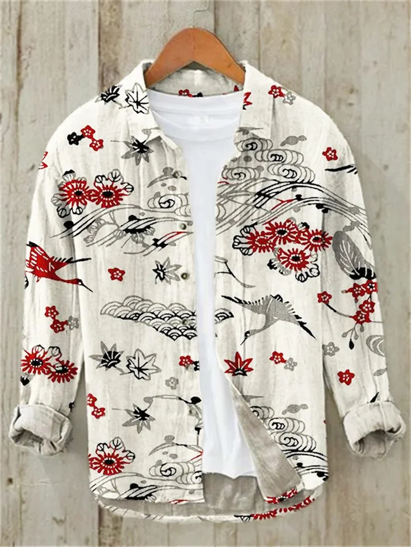 

Мужская льняная рубашка с длинным рукавом и принтом рыбы, повседневная рубашка, свободная дышащая модная гавайская винтажная новая коллекция