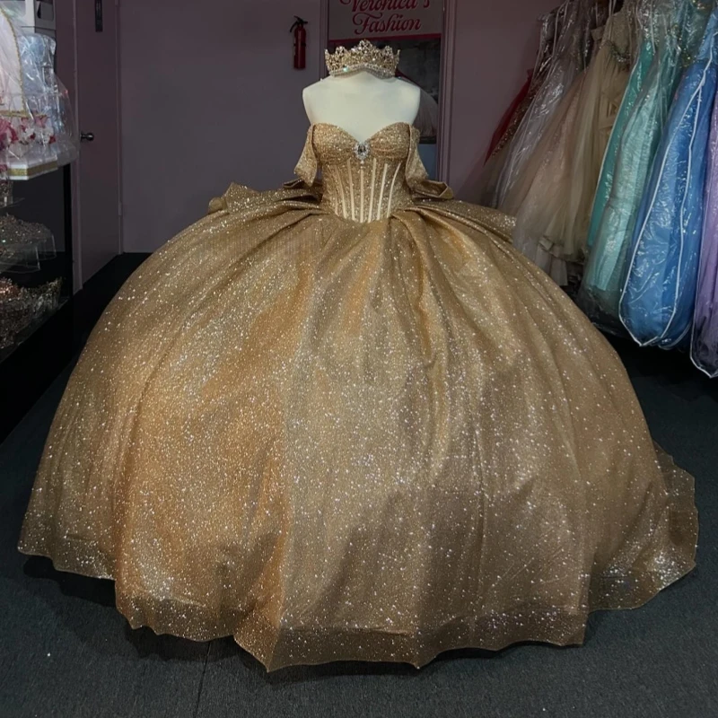 

Gold Shiny Princess Sweet 16 Dress Dress Quinceanera Dresses Sequin Beads Bow Corset Tull Party Birthday Vestido De 15 Anos Ball
