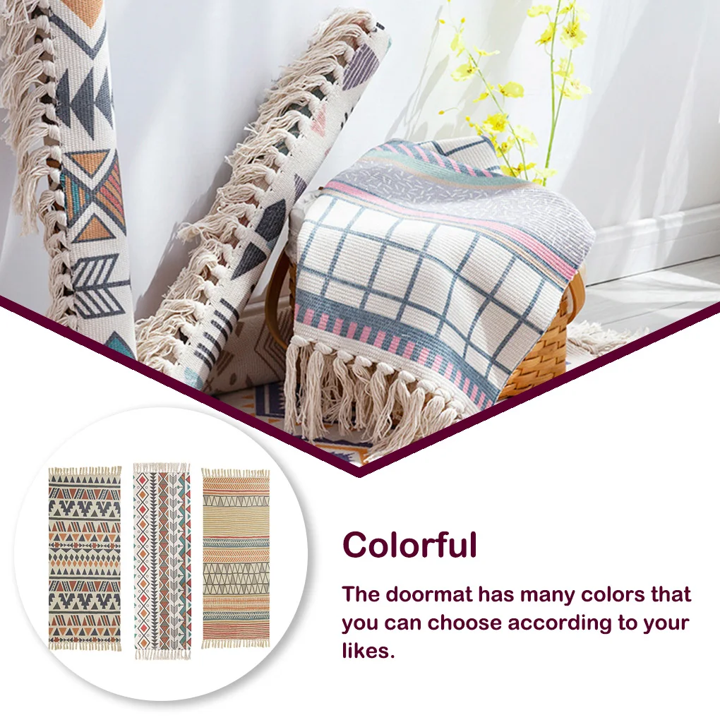 Cotton Linen Rug Colorful Ethnic Replacement Decorative Washable Absorbent Fast Drying Sound Insulated Carpet Doormat