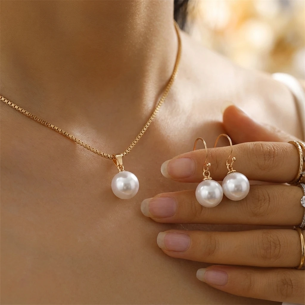 

Trend Gold Color Imitation Pearl Necklace Earrings Set for Women Minimalist Chain Pendant Choker Wedding Jewelry Aesthetic Gift