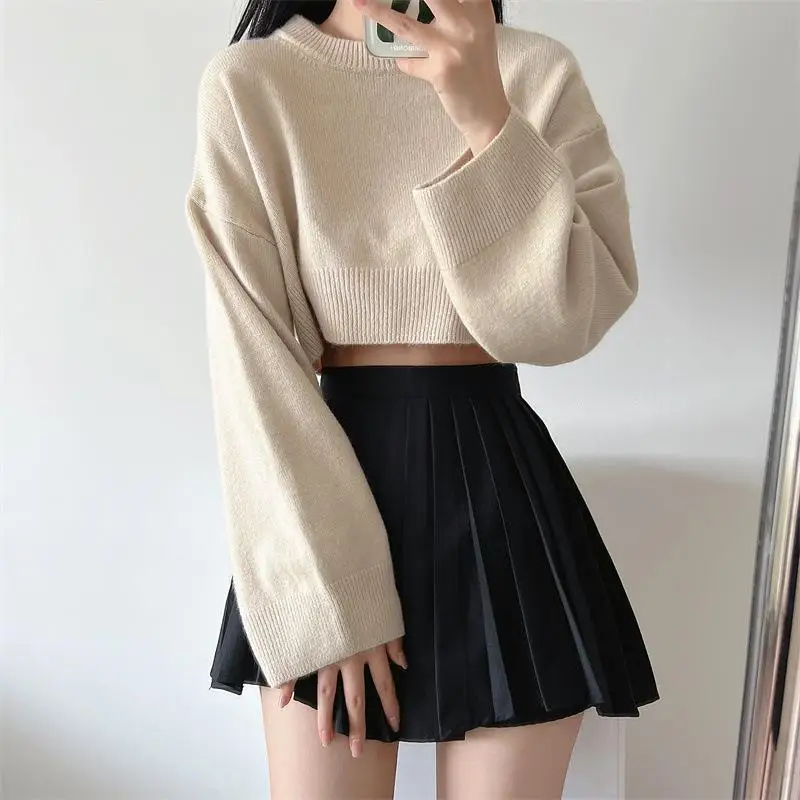 

Crop Top Sweater Women 2024 Autumn O-neck Long Sleeve Solid Casual Female Knit Pullover Loose All-match Simple Lady Short Tops