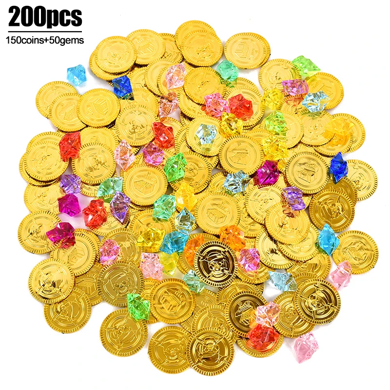 200Pcs/set Pirate Gold Coins Gems Jewelry Treasure Toy Kids Pirate Party Decoration Favors Birthday Gift Cosplay Props Halloween