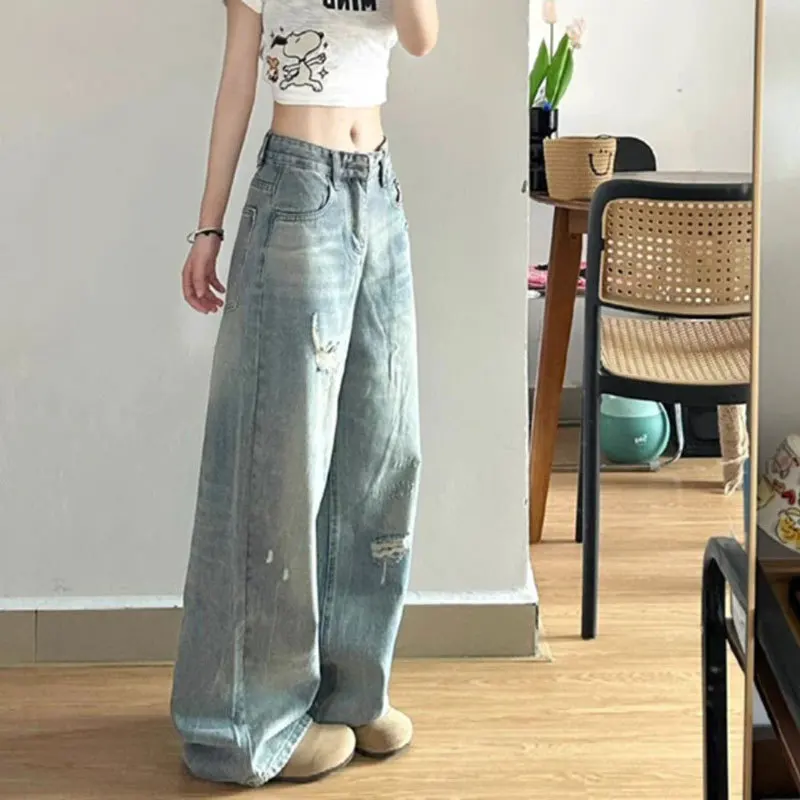 レトロな女性のハイウエストルーズストレートリッピングホールバギージーンズ女性のファッションストリートウェアブルーデニムパンツ