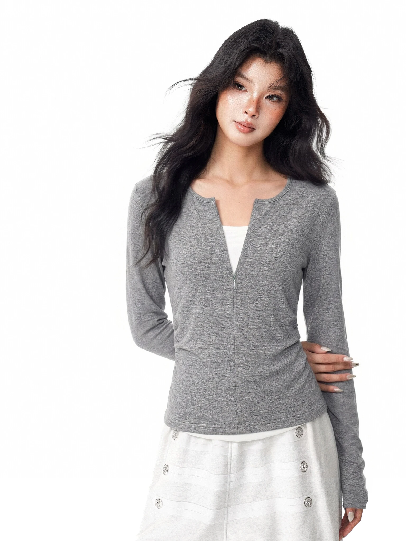 Gray Zipper Long Sleeve Women's Slim Fit T-Shirt Inner Base Shirt Folded Waist Design Thinming Effect Commute Style Autumn Early