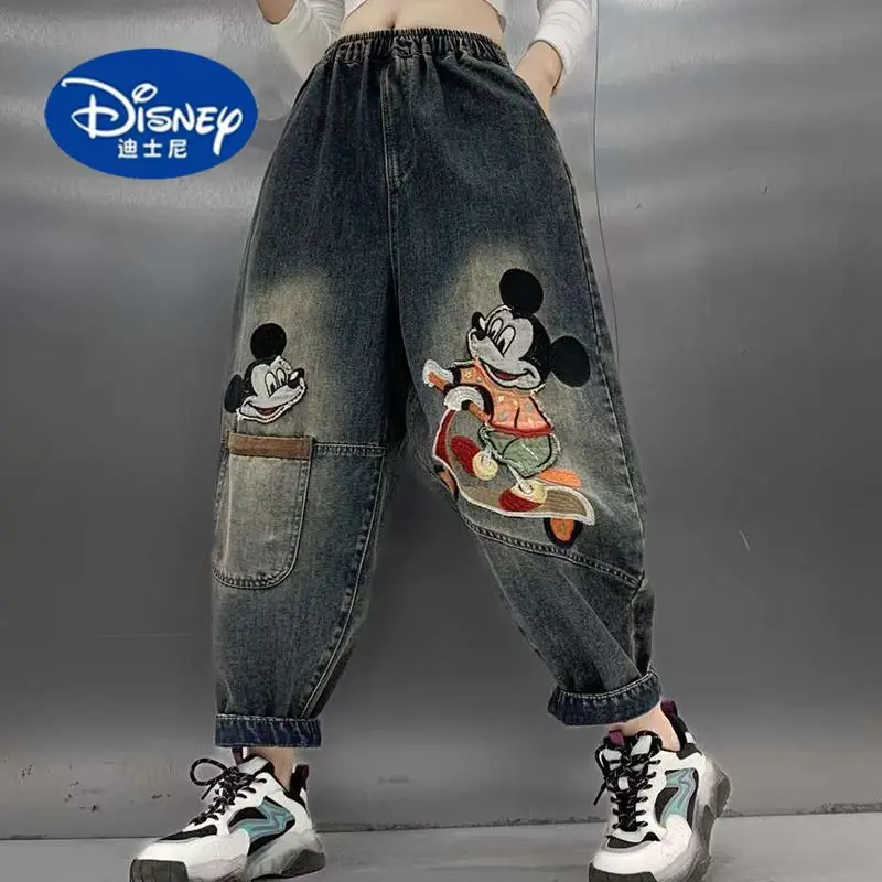 

Disney 2025 Retro Harem Jeans - Elastic Waist with Mickey Patch, Loose Fit Cartoon Pants for Autumn