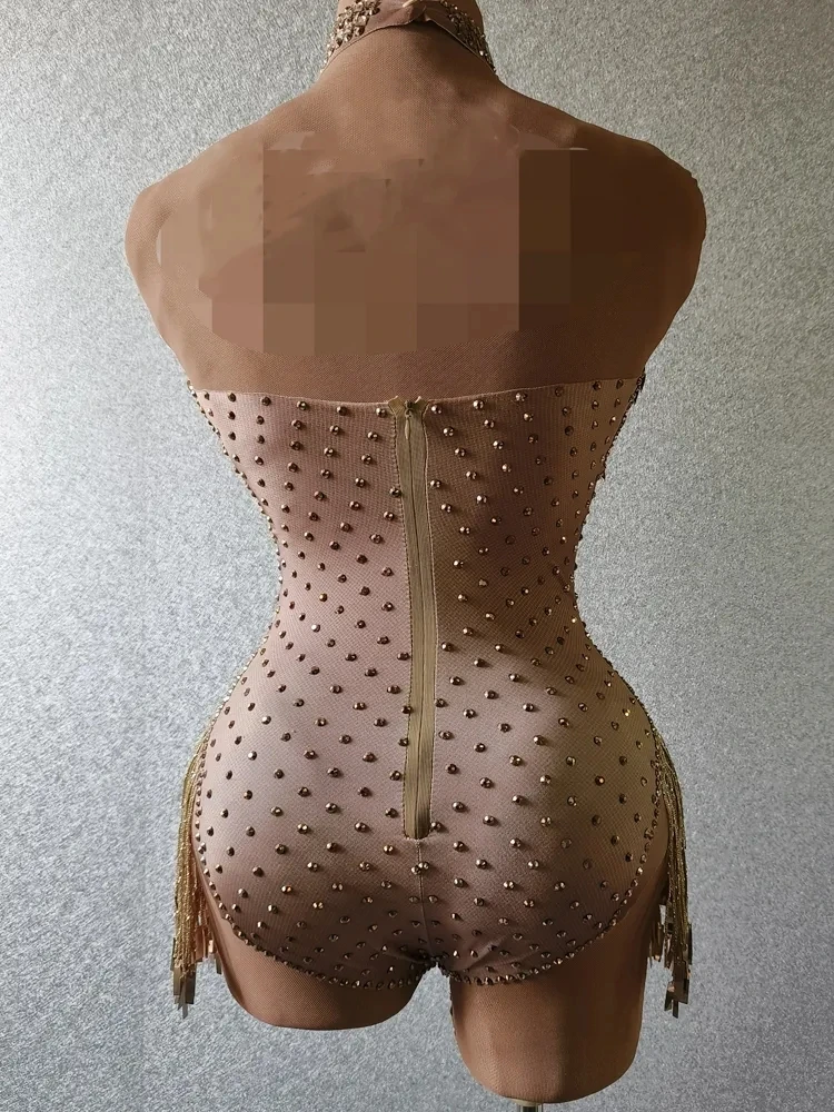 Strass d'oro paillettes frange body compleanno festeggia Costume da sera Sexy senza maniche danza Performance body