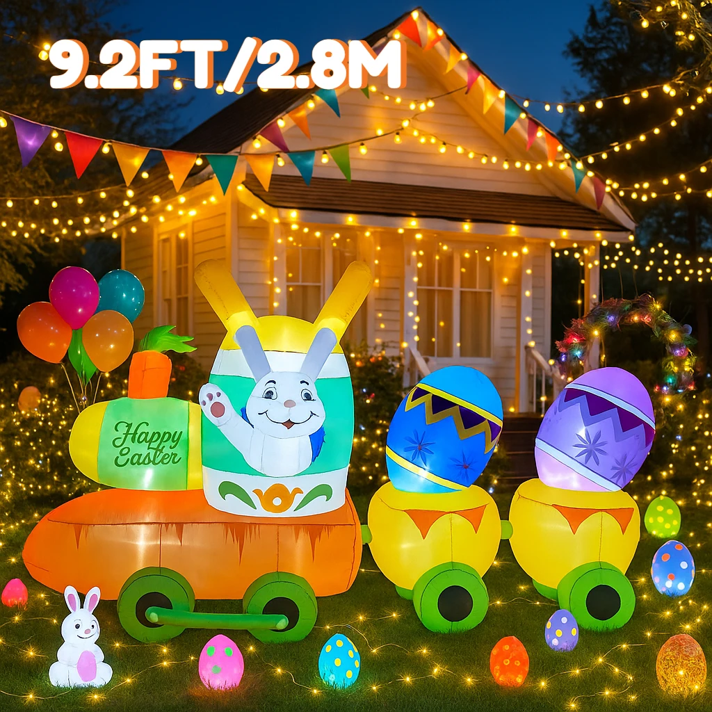

9.2FT Easter Inflatable Train Decor Bunny Basket Colorful Eggs Festive Airblown Yard Ornament Outdoor Garden Holiday Decorations