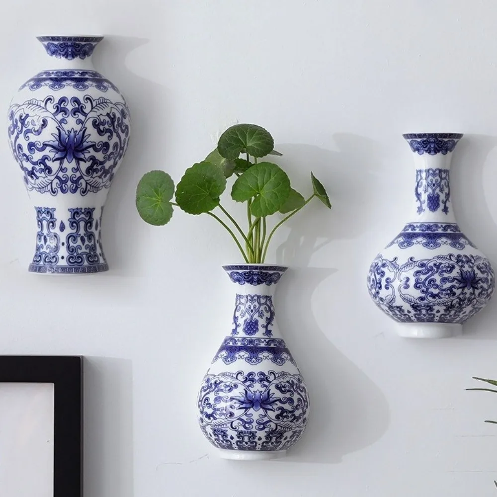 Modern Antique Blue White Porcelain Wall Hanging Ceramic Vase Handmade Decorative Flower Container Hydroponic Vase Table