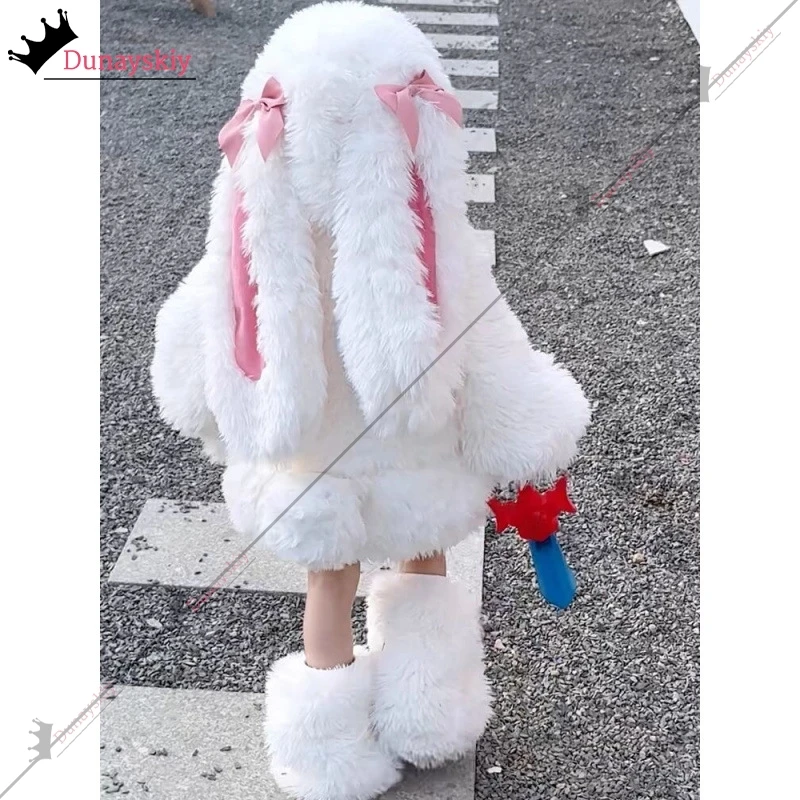 Kawaiiกระต่ายคอสเพลย์Furryเครื่องแต่งกายครอบครัวผู้ใหญ่เด็กชุดฤดูหนาวHoodies Warm Zip-Upชุดลําลองเสื้อกางเกงHoodieชุด