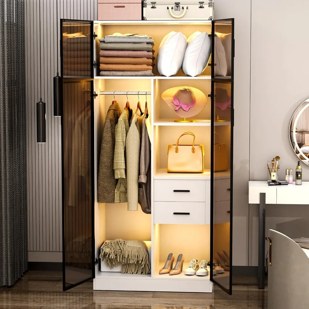 

Wardrobe Armoire Wardrobe Closet with 3 Color Lights, Bedroom Armoire with 2 Drawers, Hanging Rod,Human Body Sensor20Dx31.5Wx71H