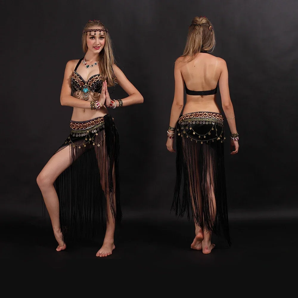 Women Belly Dancing Clothes Tribal 2 Piece Outfit Coins Bra, Tassel Scarf Tribal Belly Dance Costume Set Professional