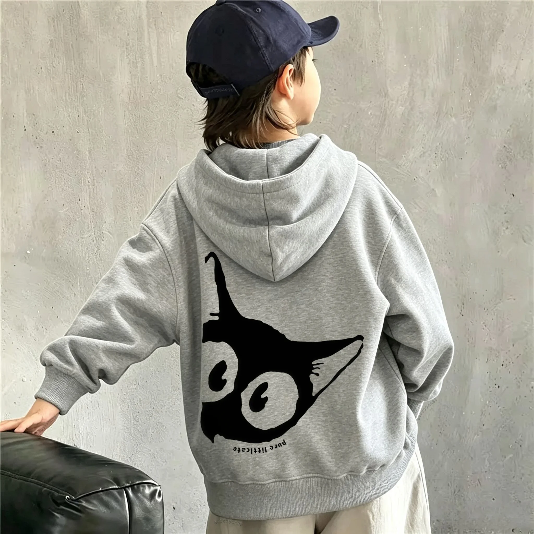 Latest winter and autumn warm children's hooded sweatshirt, fashionable kitten print loose casual children's clothing