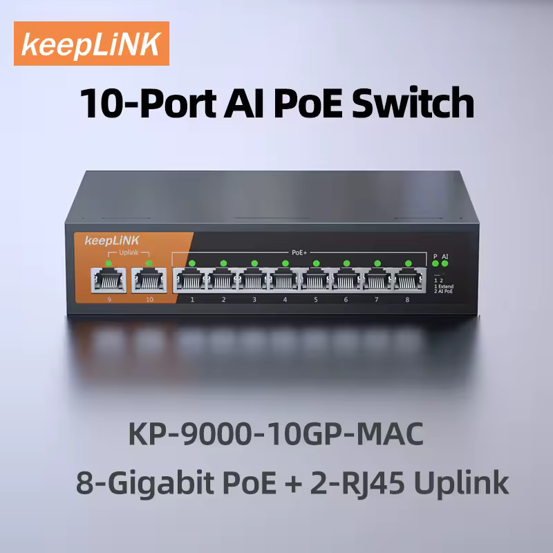 KeepLiNK Conmutador Gigabit de 10 puertos con 8 PoE y 2-RJ45 para enlace ascendente Plug and Play no administrado