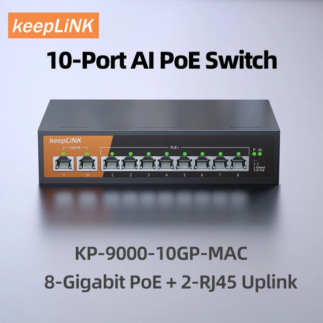 10-portowy przełącznik gigabitowy KeepLiNK z 8-PoE i 2-RJ45 do niezarządzania Plug and Play Uplink