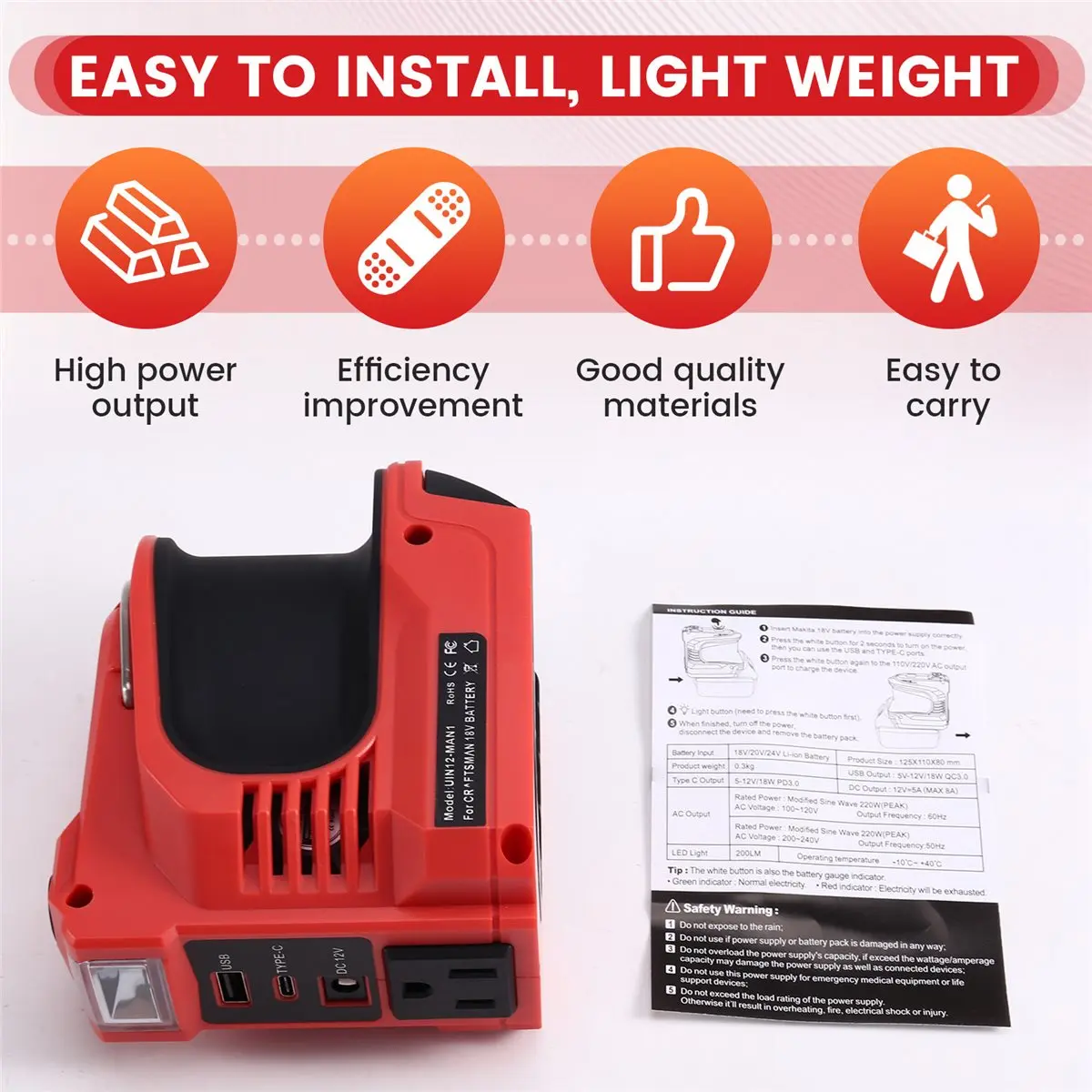 

Портативный инвертор-зарядное устройство ABZJ 180 Вт для аккумулятора Craftsman 20 В, преобразователь DC20V в AC 110V с USB и Type-C, вилка стандарта США