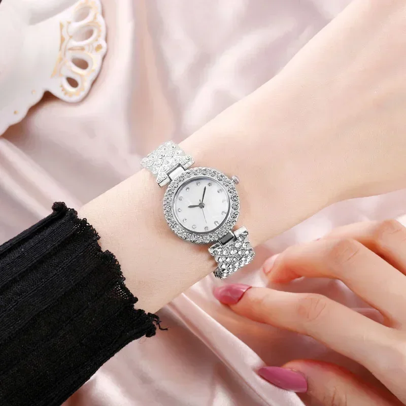 Fashion Women Watch Diamond Bracelet+ring+necklace+earrings Sky Scale Ladies Watches Bracelet K Gold Chain Clock for Female