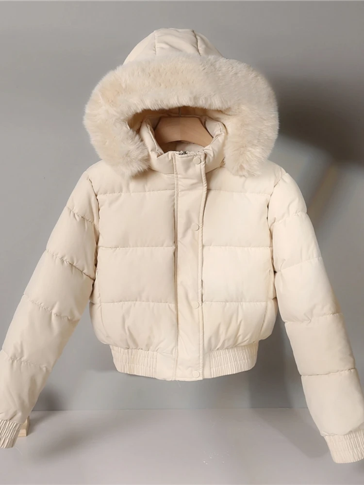 Loose Long Sleeved Coat Winter Fur Collar Hooded Cotton Clothes For Women Solid Color Thickened Warm Short Padded Jacket