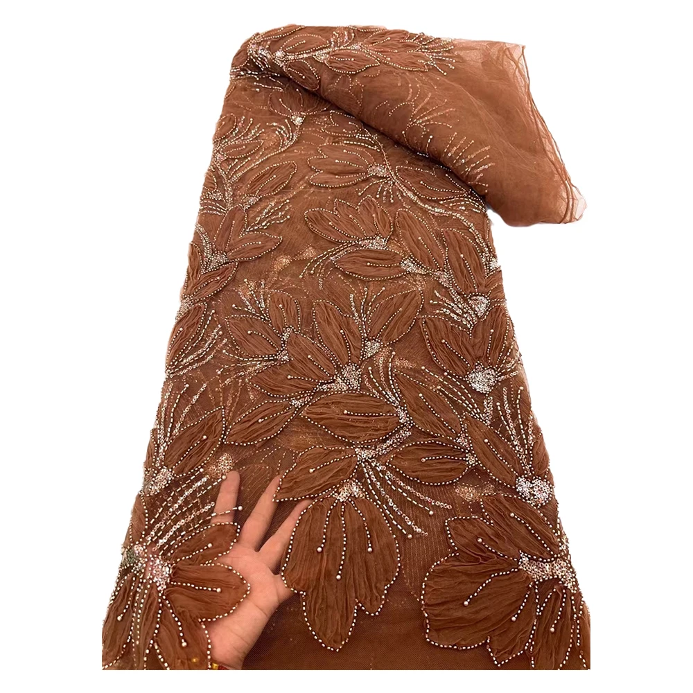 Stones Beaded Printing Lace Fabric Hot Sale 2025 Sew Party Wedding Dress Woman Beaded Embroidery Dyeing Lace Tulle Fabric