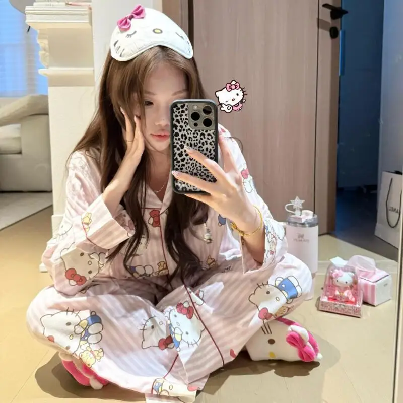 Korean Women's Long Sleeved Long Pants Pajama Set Spring Autumn New Style Girls Cardigan Home Clothes Women's Soft Two-Piece Set