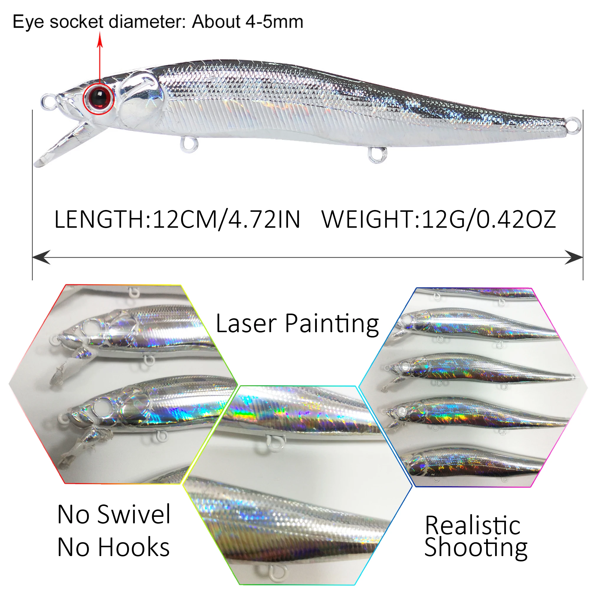 FREE FISHER 40pcs/Lot Fishing Unpainted Minnows KO Laser Slow Sinking DIY Blank Jerkbaits 12cm 12g Lures Holographic Swimbaits