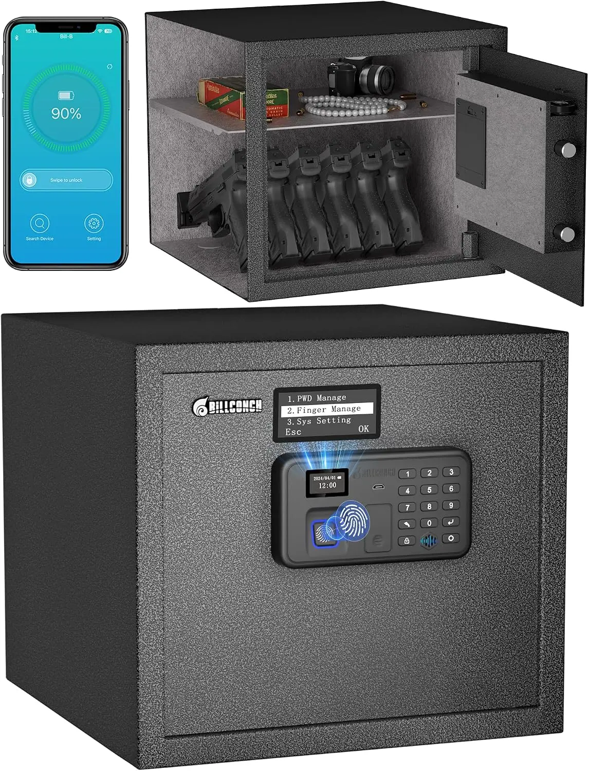 Biometric Gun Safe for Multiple Handguns Quick Access Pistol Safe | 0.9 Cu Ft Lock Box for Nightstand. Unlock by Fingerprint, Ke