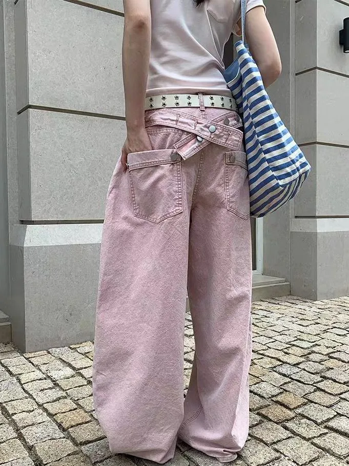 American Retro Plus Size Washed Distressed Jeans Women Paris Buckle Curved Wide Leg Jeans Vintage Streetwear Casual Daily Trendy