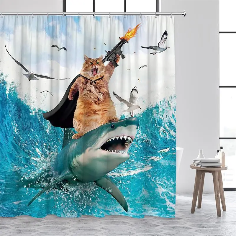 Funny Cat Riding Dinosaur Shower Curtains Sea Waves Starry Sky Sharks Birds Creative Kids Bath Curtain Polyester Bathroom Decor