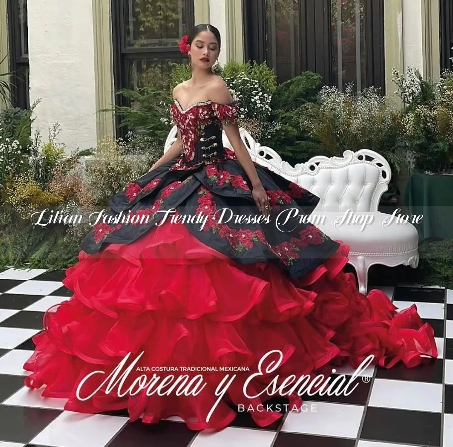 Zwart Rood Mexicaanse Charro Prinses Quinceanera Jurken Luxe Off Shoulder Bloemen Applique Ruffles Vestidos De 15 Quinceañera