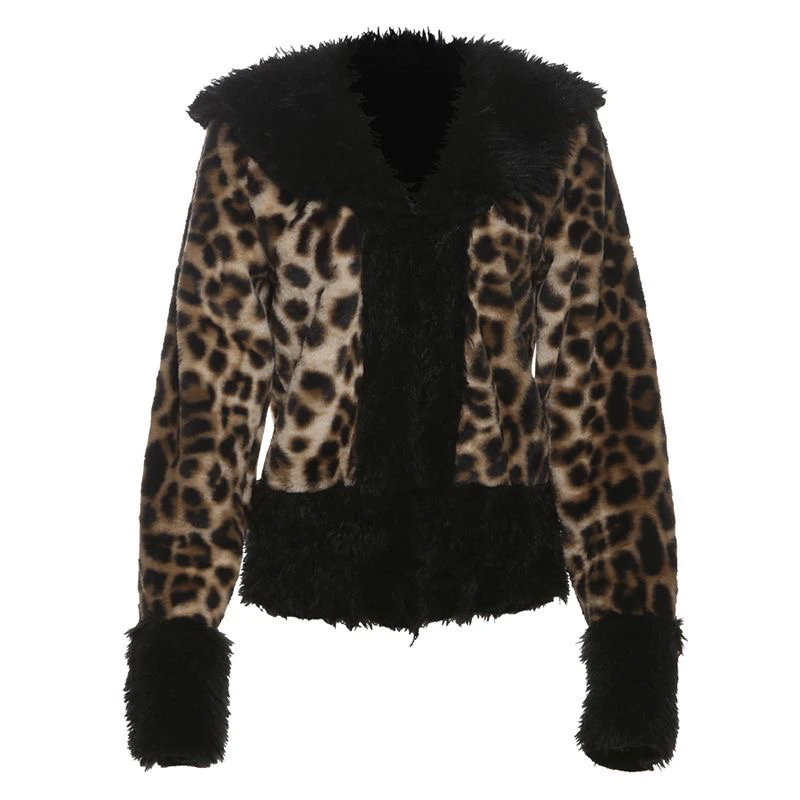 European American Hot Girl Autumn Winter Women's Coat Original Sexy Leopard Print Furry Long Plush Collar Faux Fur Jacket Ladies