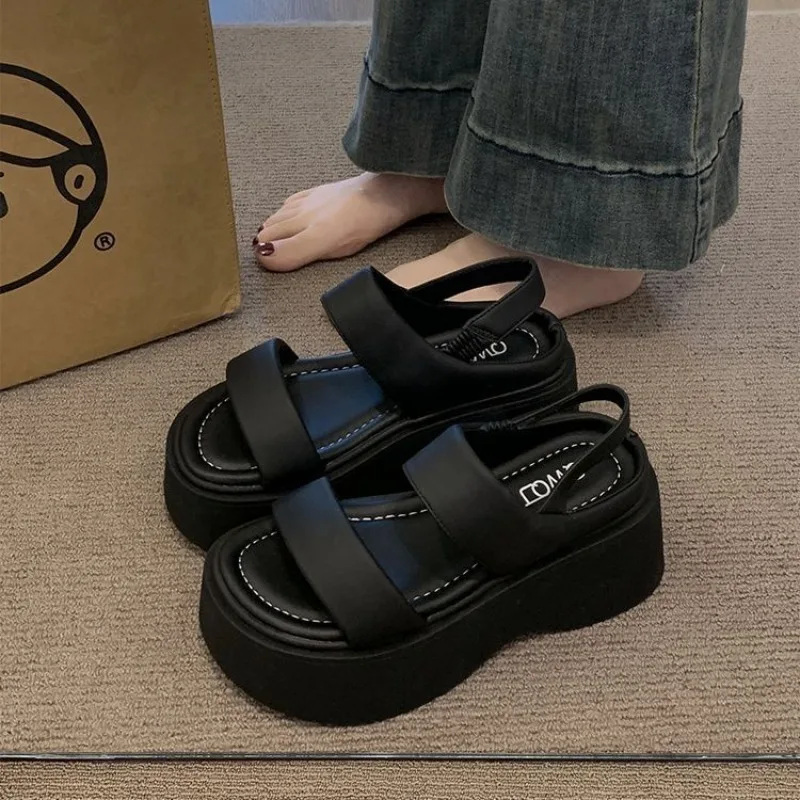 Summer 2025 Chunky Sandals Women's Wedge Heels Slides 8CM High Heels Leather Casual Woman Beach Thick Bottom Flip Flops image 4