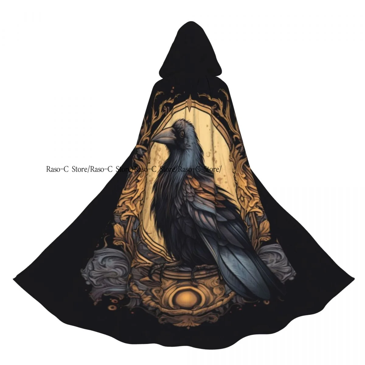 Adult Cloak Cape Hooded Hand Drawn Raven On Floral Background Medieval Costume Witch Wicca Vampire Elf Purim Carnival Party