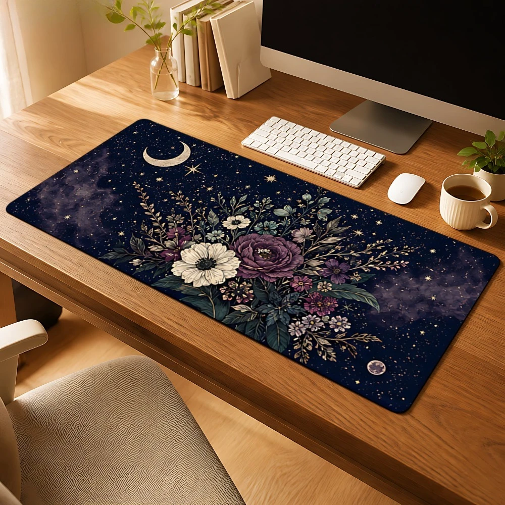 Purple and white moonlight starry night flower mouse pad, anti-slip, suitable for creative workspaces, desk decoration accessory