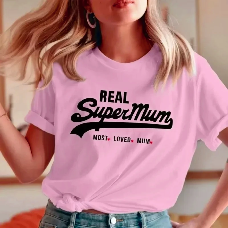 New Fashion Short Sleeve Crewneck Mama Y2k T-Shirt Real Super Mom Superhero Mother's Day Most Loved Mum Tee Y2k Harajuku Tops