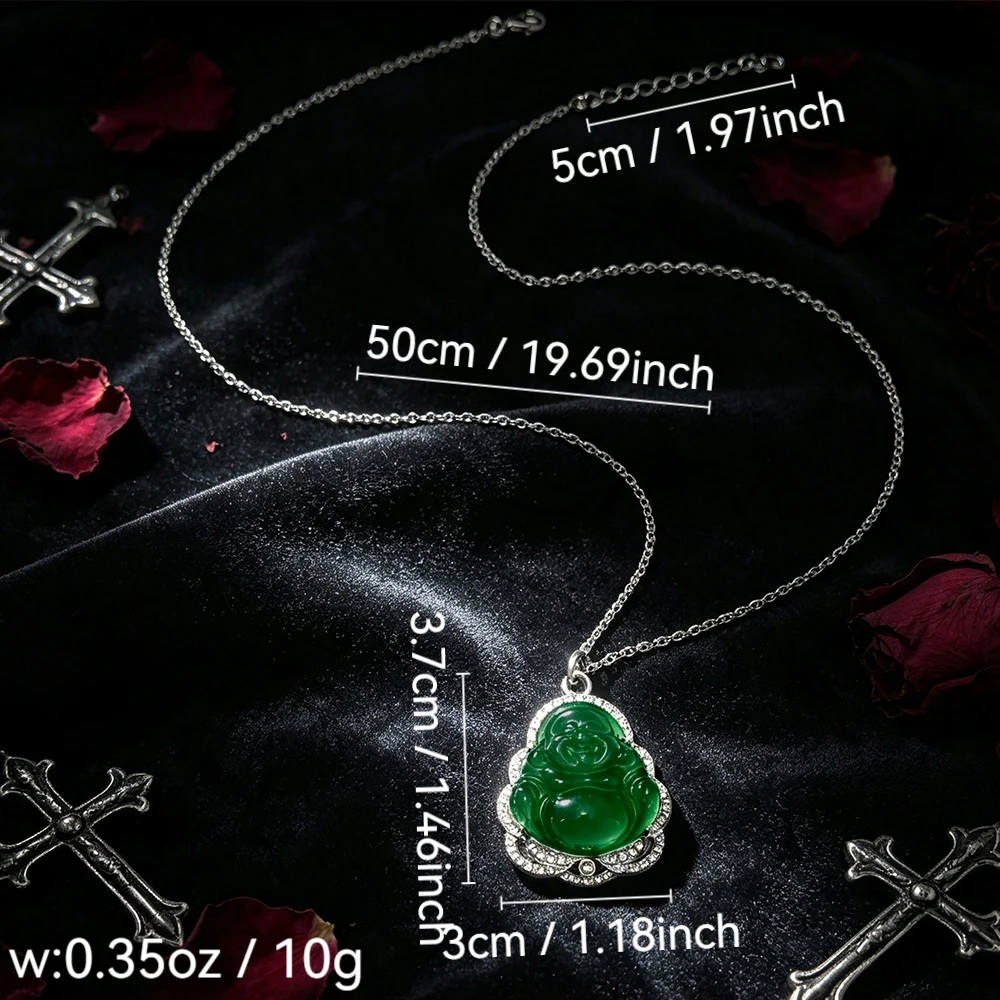 Maitreya Buddha Pendant Necklace with Green Jade and Diamonds, New Chinese Style Retro Clavicle Chain, Women's Auspicious Accessory