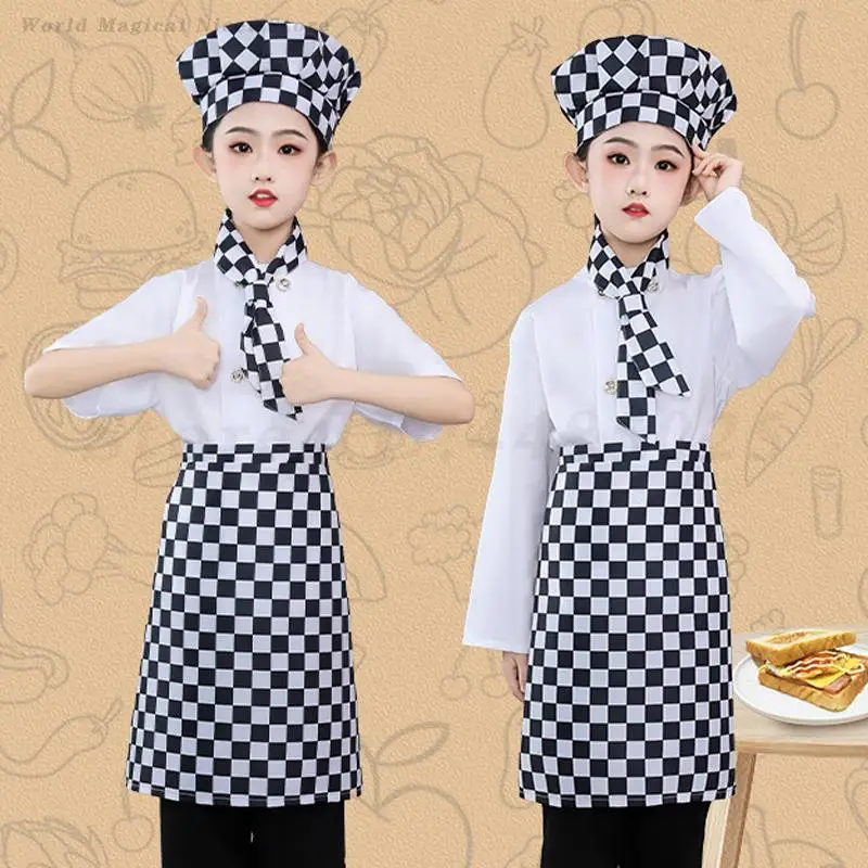 

Boys Girls Chef Role Play Uniform White Jacket Checkered Apron Cook Hat Full Set Outfit Halloween Children's Cosplay Costumes