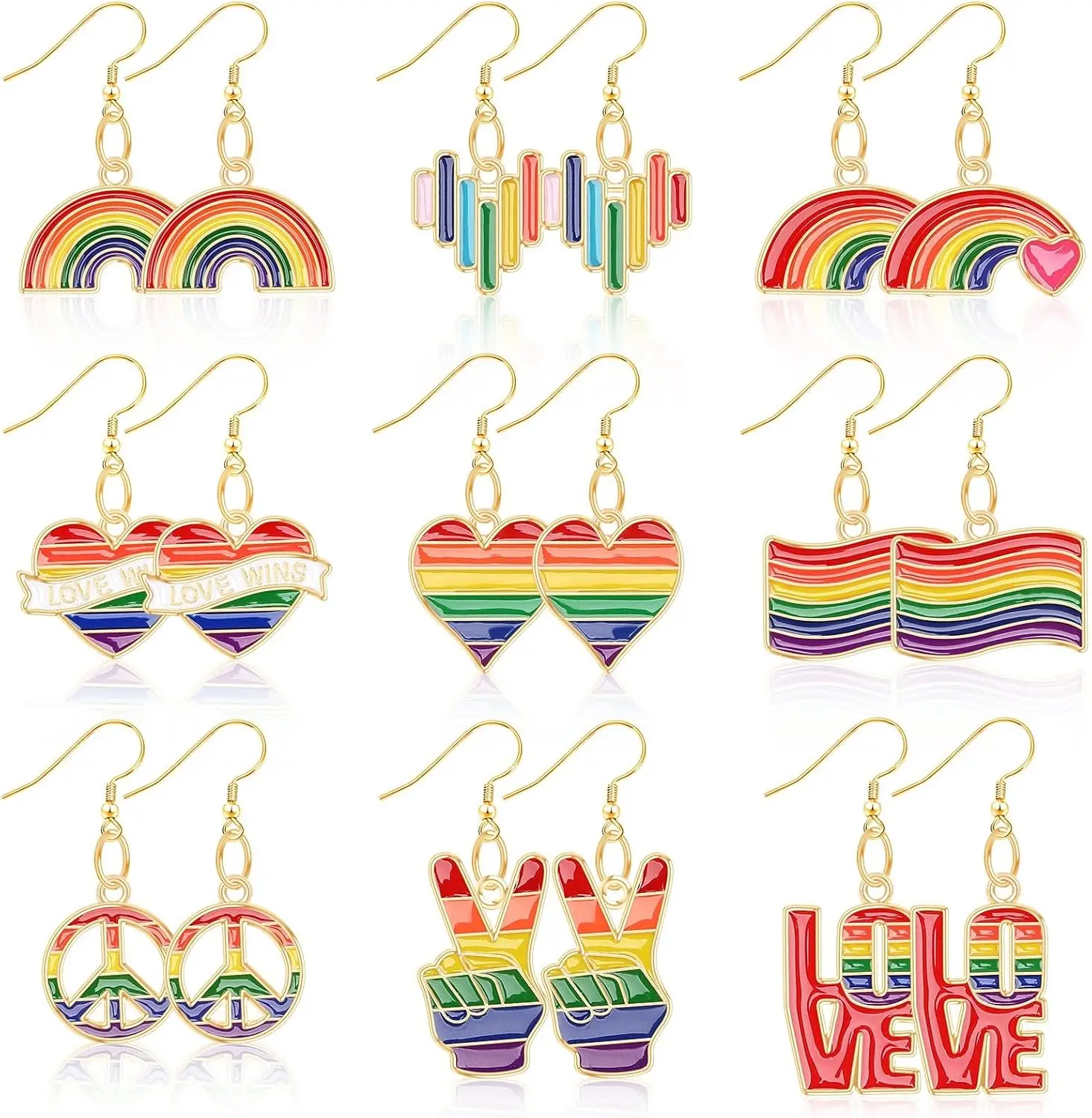 

9 Pairs LGBT Rainbow Enamel Earrings for Women Pride Heart Flag Double Side Progress Pride Heart Lightweight Dangle Teardrop