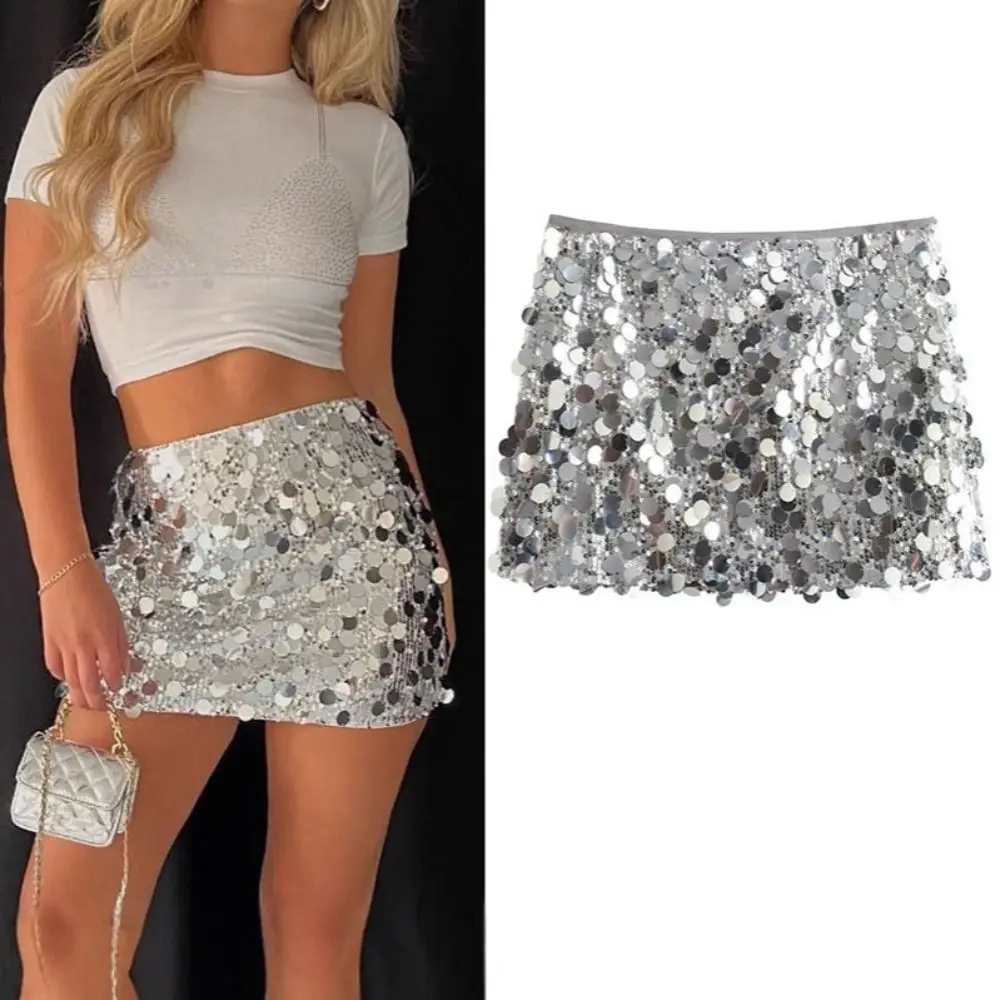 Fashion High Waist Sequin Mini Skirt Side Zipper Solid Color Club Skirt Shining Sequin A-Line Short Skirt Street Fashion